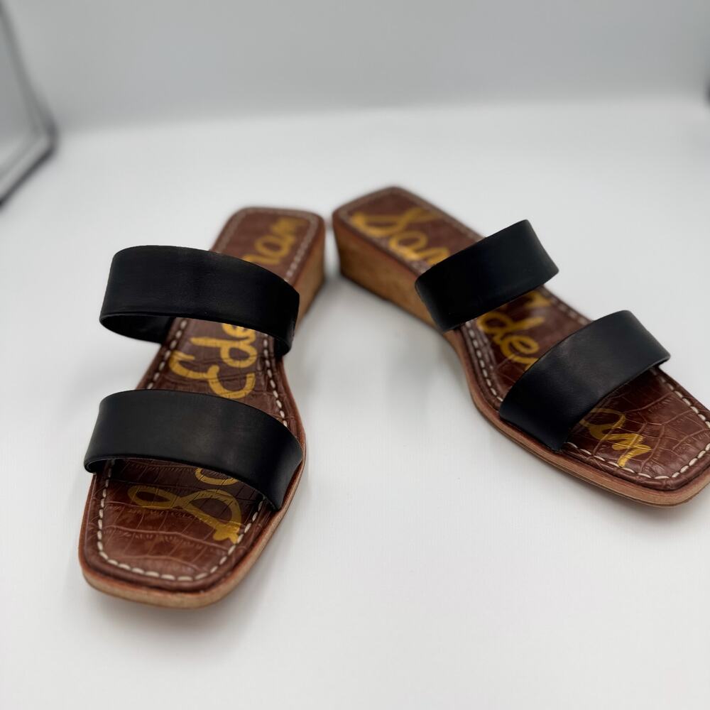 Sam Edelman Vena Black Leather Cork Wedge Slide Sandal Double Strap 8.5 EU 38.5 - Picture 13 of 16